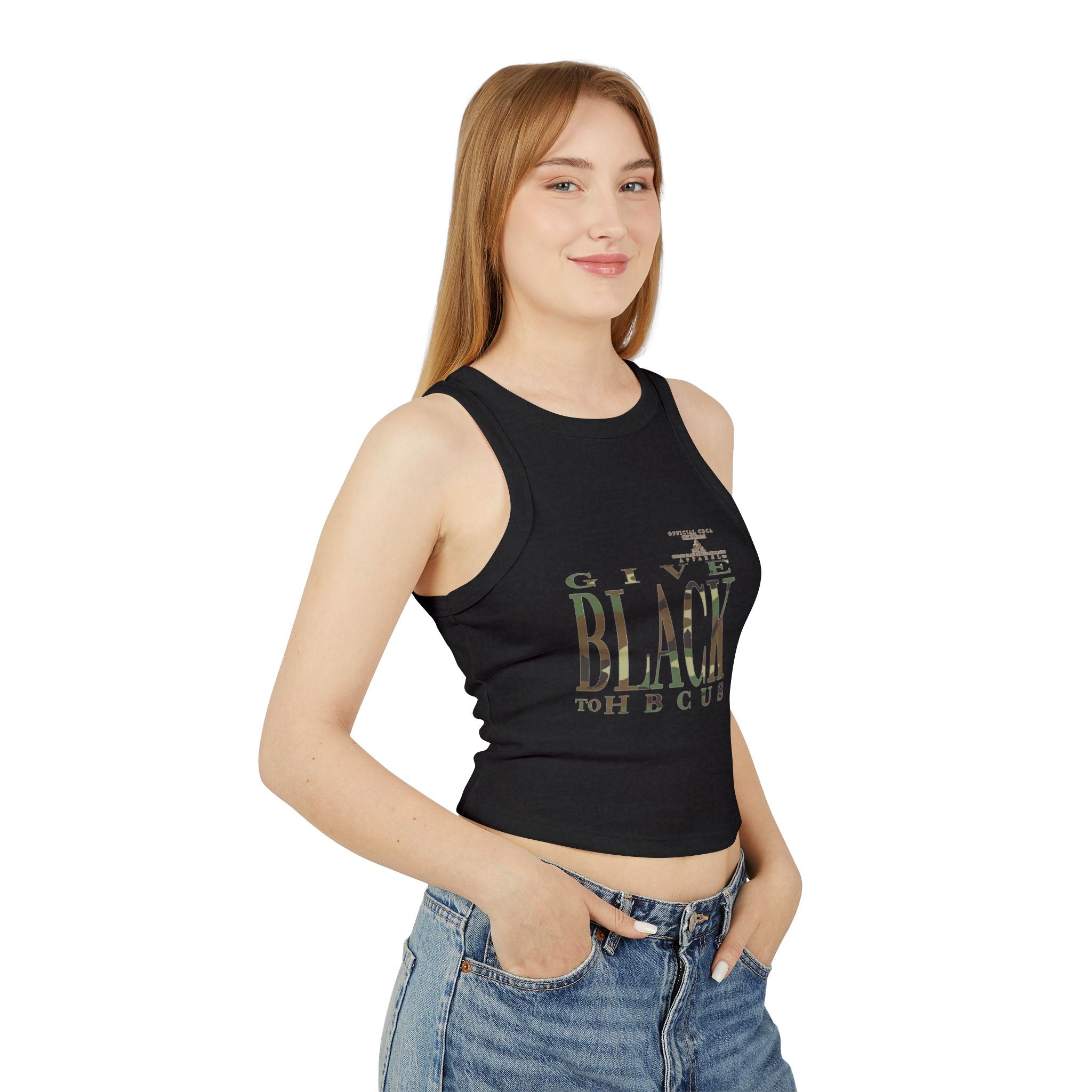 Give Black to HBCUs Racer Tank Top — Camouflage Text Women's Crop Tank