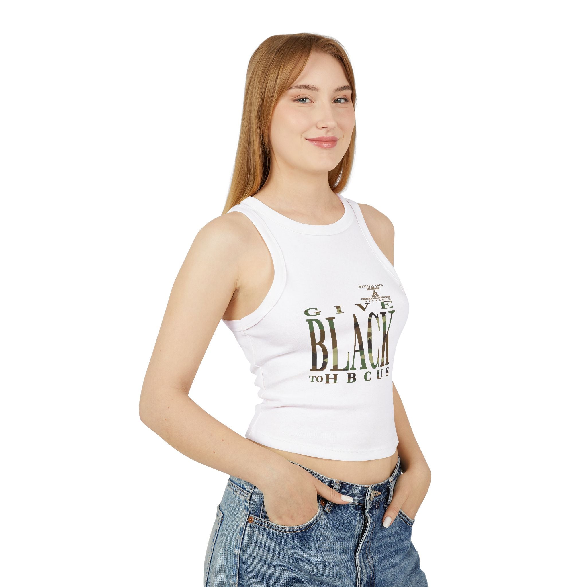 Give Black to HBCUs Racer Tank Top — Camouflage Text Women's Crop Tank