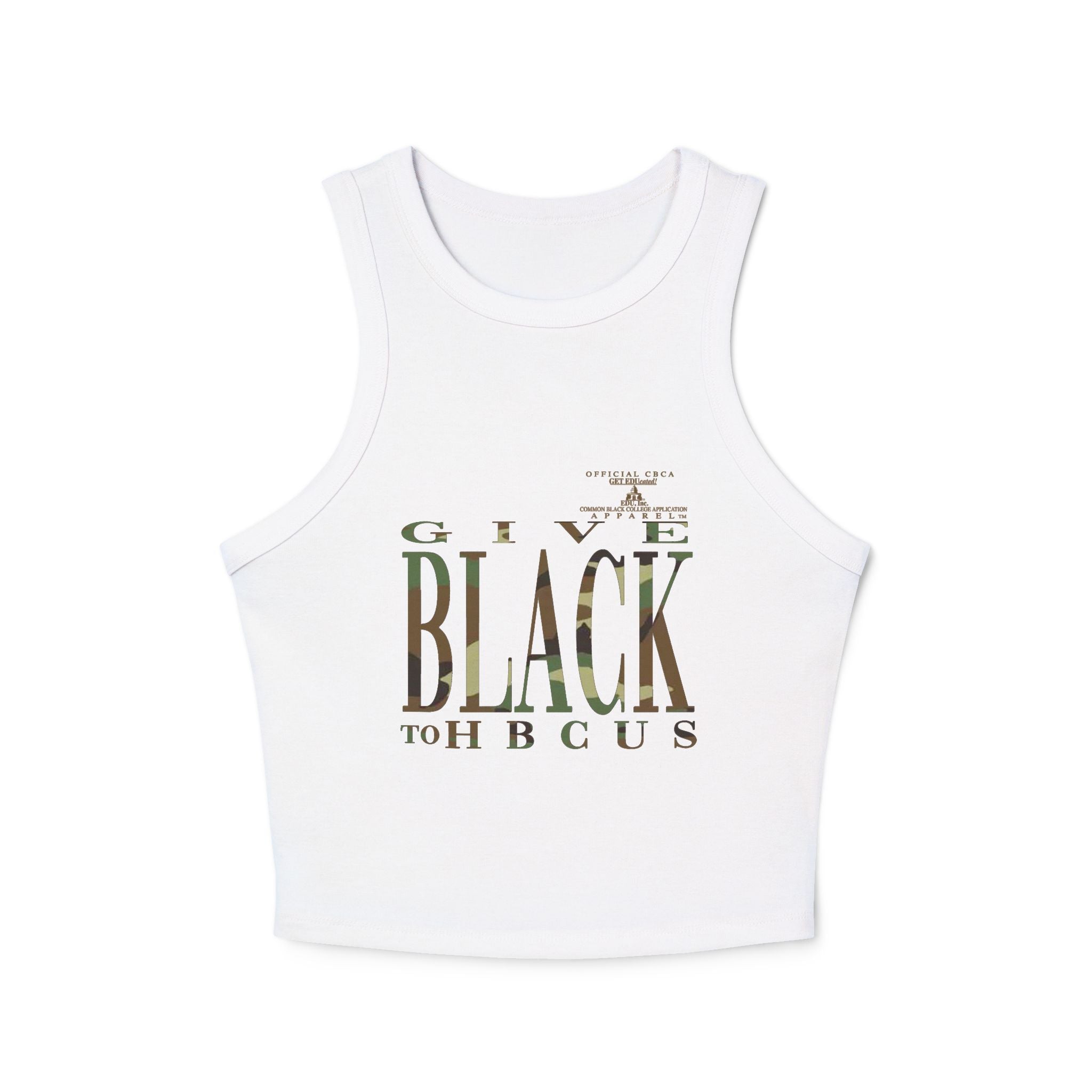 Give Black to HBCUs Racer Tank Top — Camouflage Text Women's Crop Tank